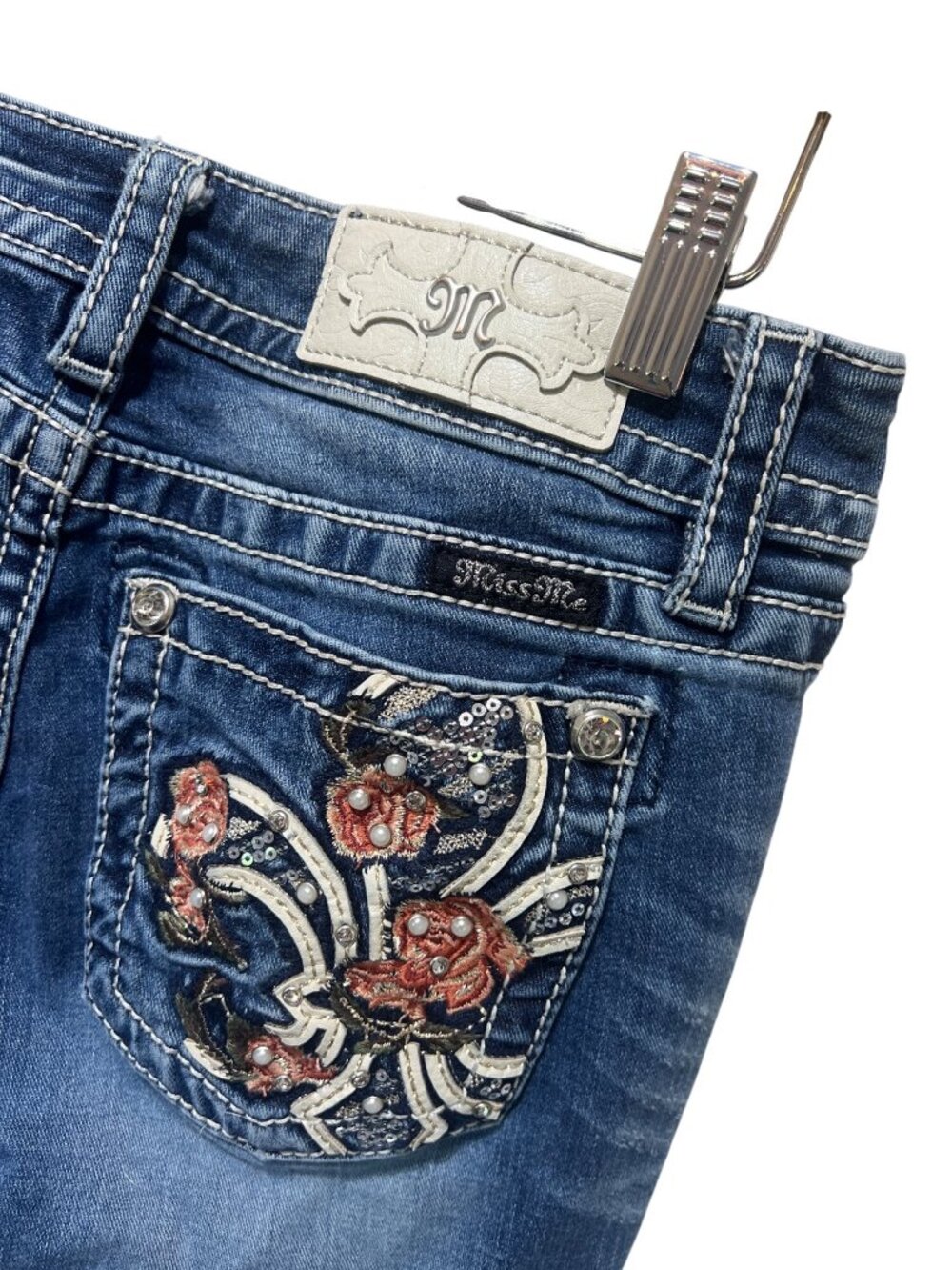 Miss Me Womens Floral Embellished Bootcut Jeans Size 27 Blue Denim